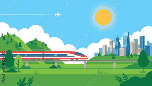 High-speed train journey through nature and city skyline under sunny sky