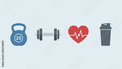 Health and Fitness Icons: Kettlebell, Dumbbell, Heartbeat, Shaker Bottle
