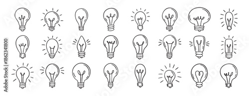 Light bulb outline icons set collection doodle hand drawn icon. Line art lamp clipart symbol.