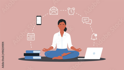 Calm woman meditating amidst digital tasks and technology icons
