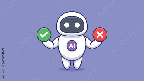 Cute AI robot holding green checkmark and red cross symbols