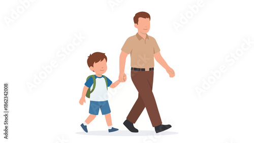 Father and son walking hand in hand, child going to school illustration