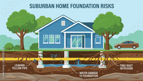 Suburban Home Foundation Risks: Leaking Pipe and Tree Root Intrusion