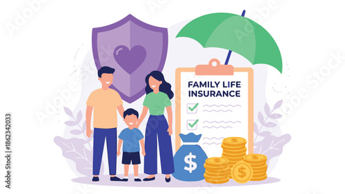 Concept of family life insurance, financial protection, and security