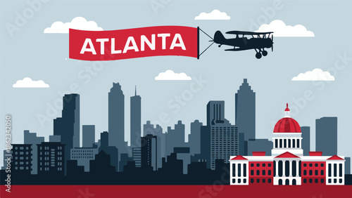 Atlanta Georgia Cityscape with Biplane Banner and Famous Landmarks