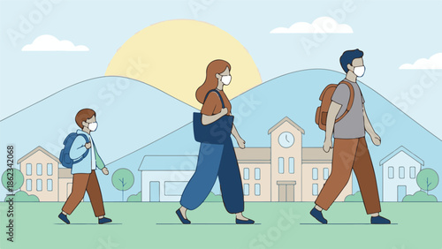 Family with masks walking to school in a community with houses illustration