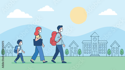 Family wearing face masks walking to school during health precautions