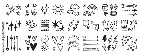 Stars sparkles hearts arrows diamonds symbols set collection doodle hand drawn icon. Outline drawing sign line clipart symbol.