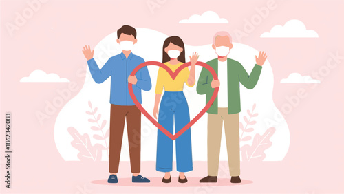 Family members of different generations wearing masks, holding heart, waving