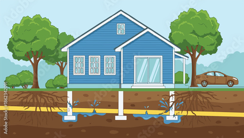 Illustration of house foundation with underground pipes, tree roots, and water leaks