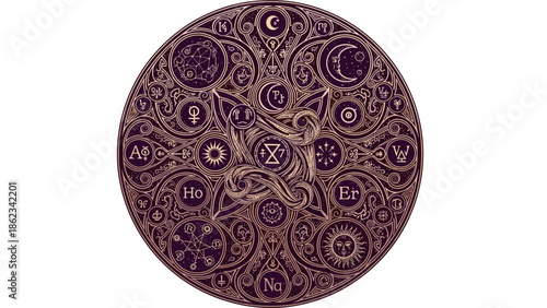 Mystical Astrological Symbol Mandala with Planets and Celestial Elements.