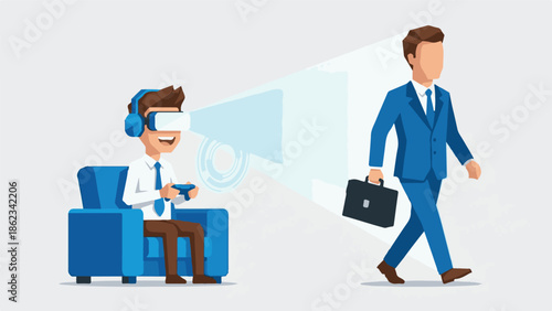 Man in VR headset controls virtual businessman avatar in digital world