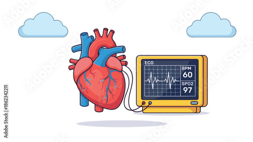 Cartoon human heart connected to ECG monitor showing vital signs
