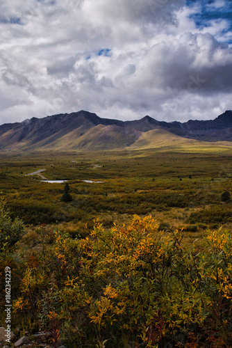 Sun shining on mountains on the Denali Highway