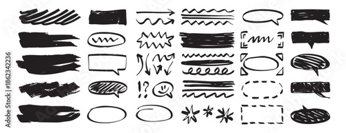 Hand drawn doodle elements set. notes, school, creative dairy design. speech bubbles, arrows and underlines, scribbles and highlights 