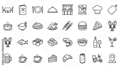 Set of Food and Drink Line Icons for Restaurants and Cafes