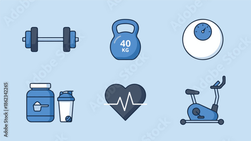 Flat design fitness and health icons including gym equipment and supplements