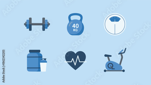 Flat design icons of gym and fitness equipment for health and workout concepts