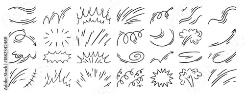 Expression and movement elements. Hand drawn emotion line, effects. Abstract hitting, jumping animation. Doodle curves, swirl, shape, motion. Vector set. Isolated puff and curved.