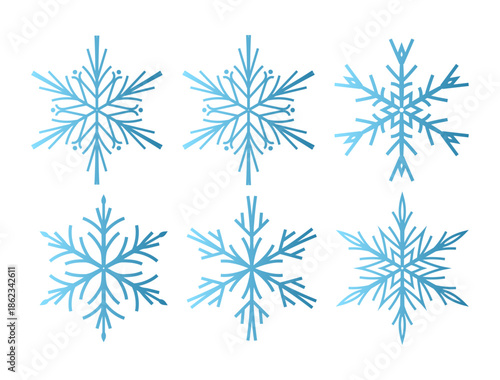 Set of six minimalist vector snowflakes with a blue gradient effect. Flat geometric design featuring various symmetrical crystal shapes isolated on a white background. Modern winter icons for holiday 