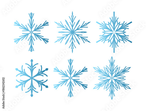 Set of six minimalist vector snowflakes with a blue gradient effect. Flat geometric design featuring various symmetrical crystal shapes isolated on a white background. Modern winter icons for holiday 