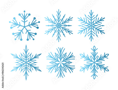 Set of six minimalist vector snowflakes with a blue gradient effect. Flat geometric design featuring various symmetrical crystal shapes isolated on a white background. Modern winter icons for holiday 