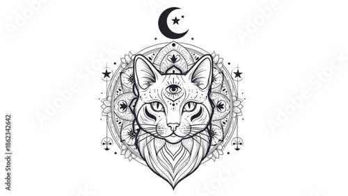 Mystical Cat with Third Eye and Crescent Moon Illustration.