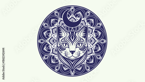 Mystical Cat Mandala Intricate Feline Design with Crescent Moon.