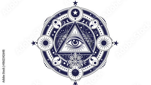 Mystical Eye of Providence Symbol in Intricate Circular Design.