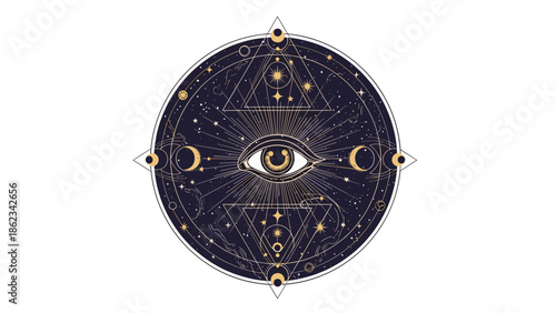 Mystical Eye Symbol with Celestial Elements and Geometric Patterns.