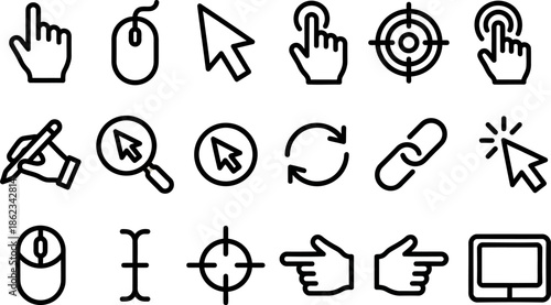  Click outline icon set. Cursor, finger, hand, mouse, pointer and more. Outline vector icon in linear style. Conceptual collection. 