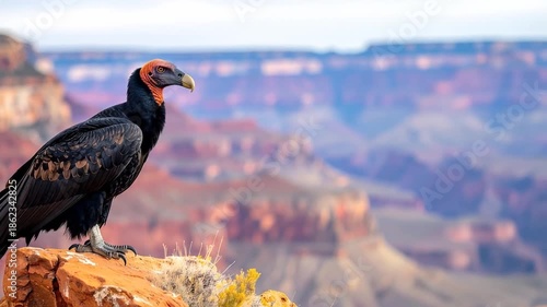 A large bird with bare head perched on a rock overlooking a vast canyon landscape