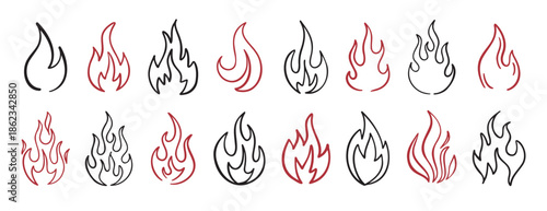 Hand drawn flames doodle set simple line art fire design
