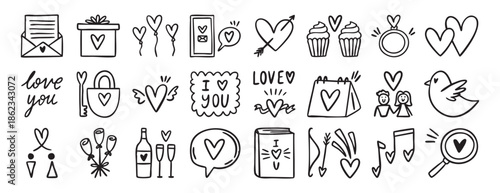 Valentines day love icons set collection doodle hand drawn icon. Outline drawing heart line clipart symbol.