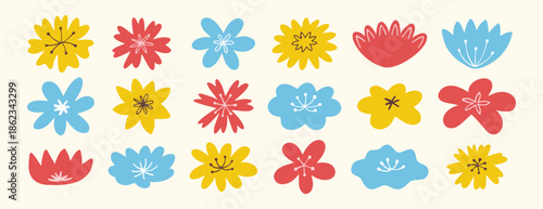 Naive hand drawn colorful flower elements in flat whimsical style for decoration and design