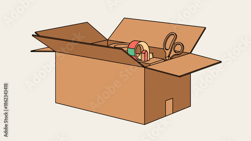 Open Cardboard Box with Packing Supplies Illustration.