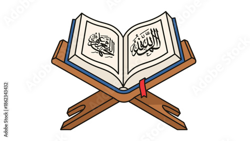 Open Quran on a Wooden Stand with Arabic Calligraphy Illustration.