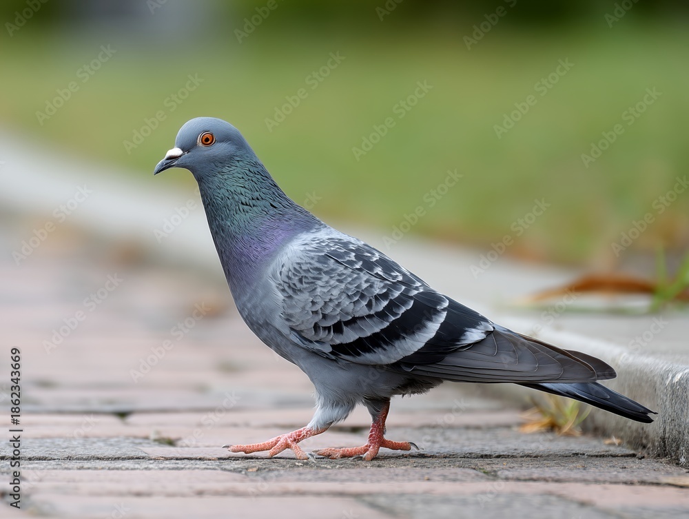 Obraz premium 歩道を歩くハトの姿をクローズアップで捉えた都市部の日常と野鳥観察を感じさせるスナップイメージ