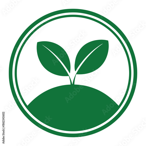 A green sprout with two leaves growing from a small mound of earth, enclosed within a double green circular frame.