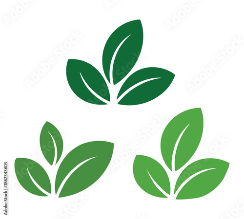 Three distinct sets of stylized green leaves, representing nature, growth, and eco-friendliness, isolated on a white background.