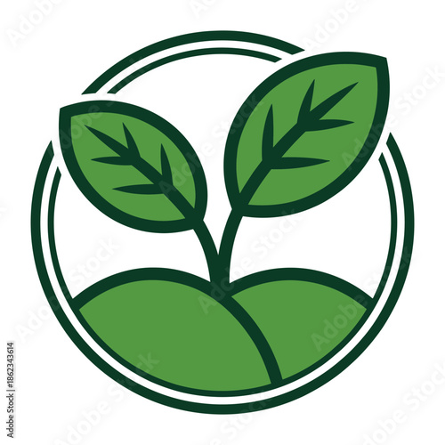 A vibrant green sprout with two leaves emerging from a small hill, encircled by a double green border, symbolizing growth and nature.