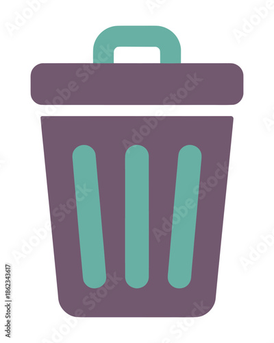 A simple, flat design illustration of a purple trash can with a teal handle and vertical stripes, representing waste disposal or recycling.