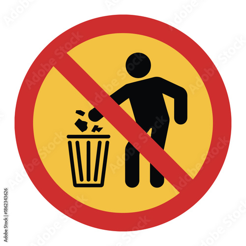 A circular yellow sign with a red border and a diagonal line, depicting a black silhouette of a person throwing trash into a bin, indicating no littering.