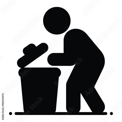 Black silhouette icon of a person disposing of trash into a garbage can with an open lid.