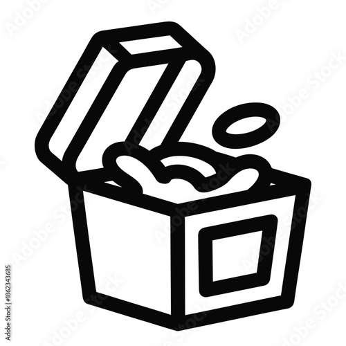 Black and white icon of an open treasure chest with coins inside.
