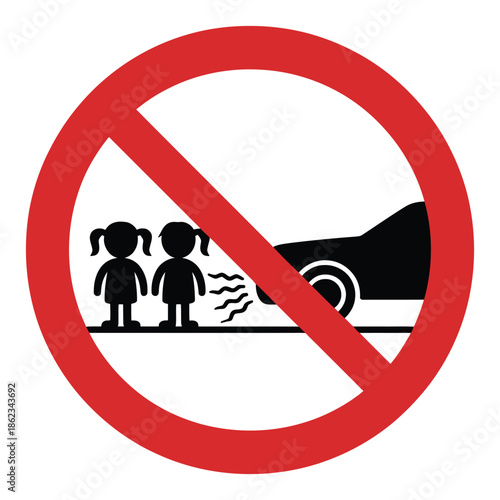 Prohibition sign showing a car emitting exhaust fumes near two children, indicating no idling or air pollution in sensitive areas.