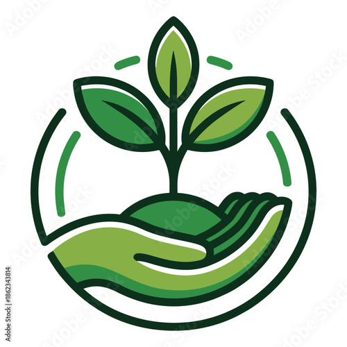 A vibrant green logo depicting a hand gently cradling a small plant with multiple leaves, symbolizing growth, nature, and environmental protection within a circular design.