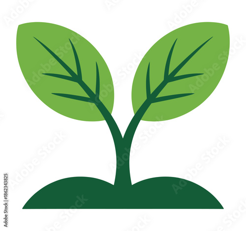 A simple graphic illustration of a vibrant green plant sprout with two leaves emerging from a dark green mound of earth, symbolizing growth and nature.