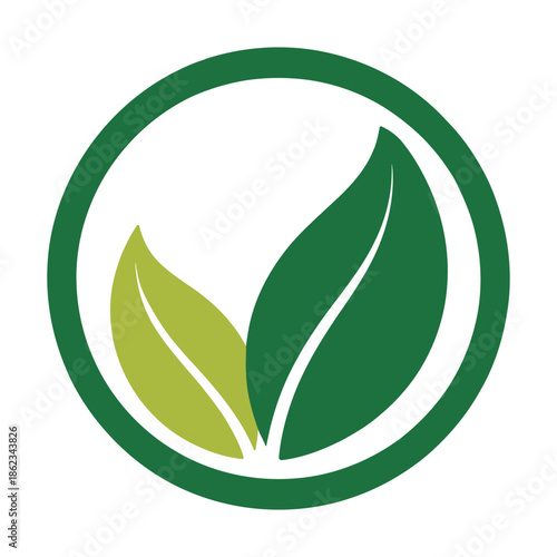 Two green leaves, one light and one dark, enclosed within a vibrant green circular border, symbolizing nature, growth, and environmental consciousness.