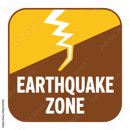 A graphic icon indicating an earthquake zone with a white lightning bolt crack on a yellow and brown background.